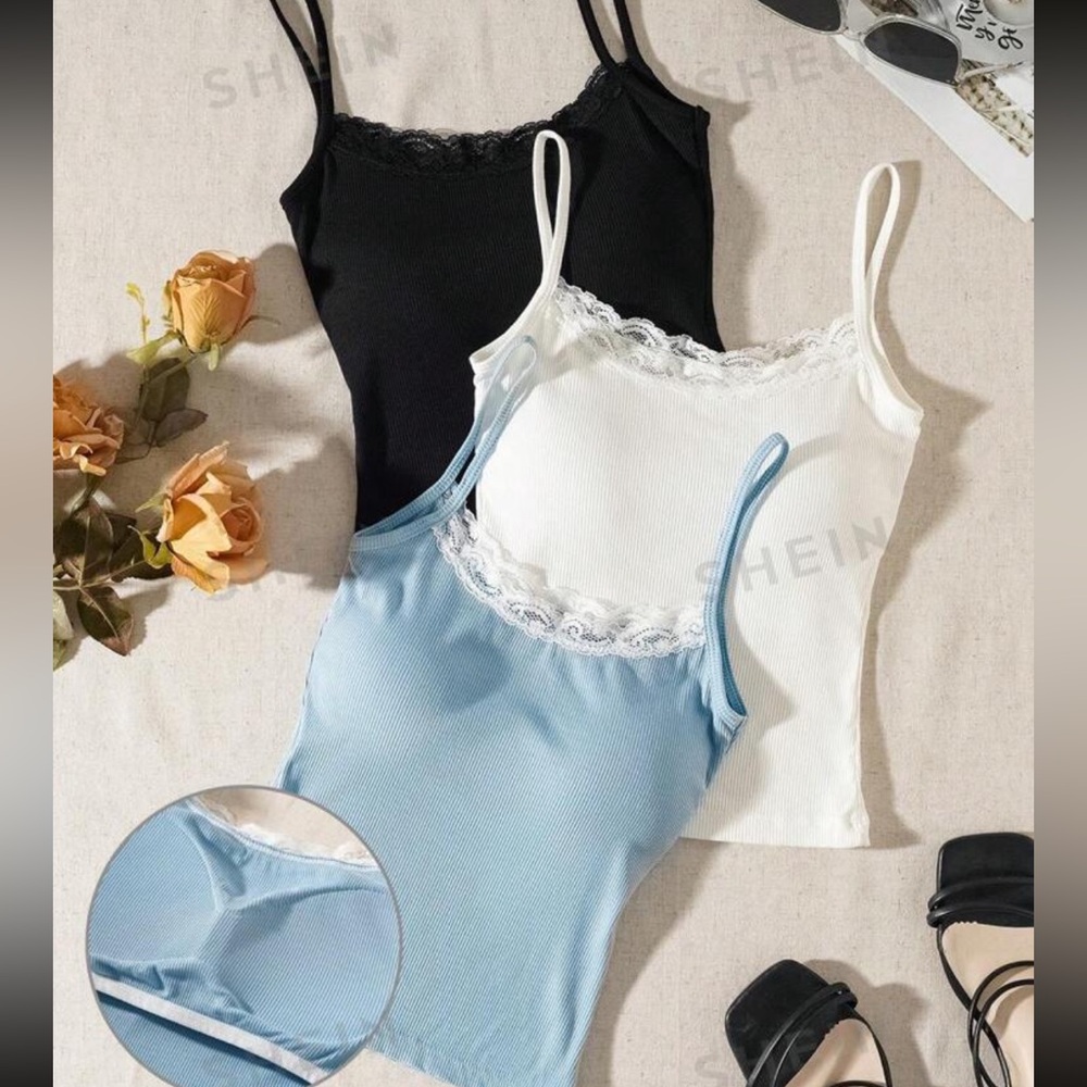 3 piece lace tank tops , light blue, black, white, built in bra ,slim fit